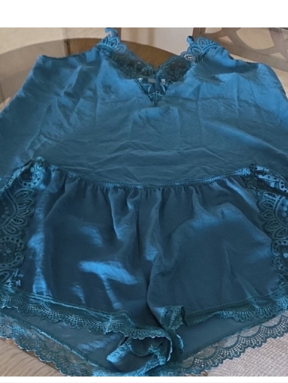Elegant Teal Lace Trim 2 Pc Silky Pajama Top And Bottoms. Xltg Fr Dillards